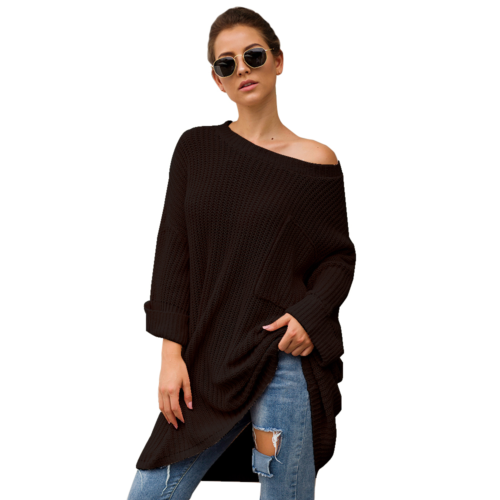 SZ60241-3 Black Knit One Shoulder Long Sleeve Casual Sweater